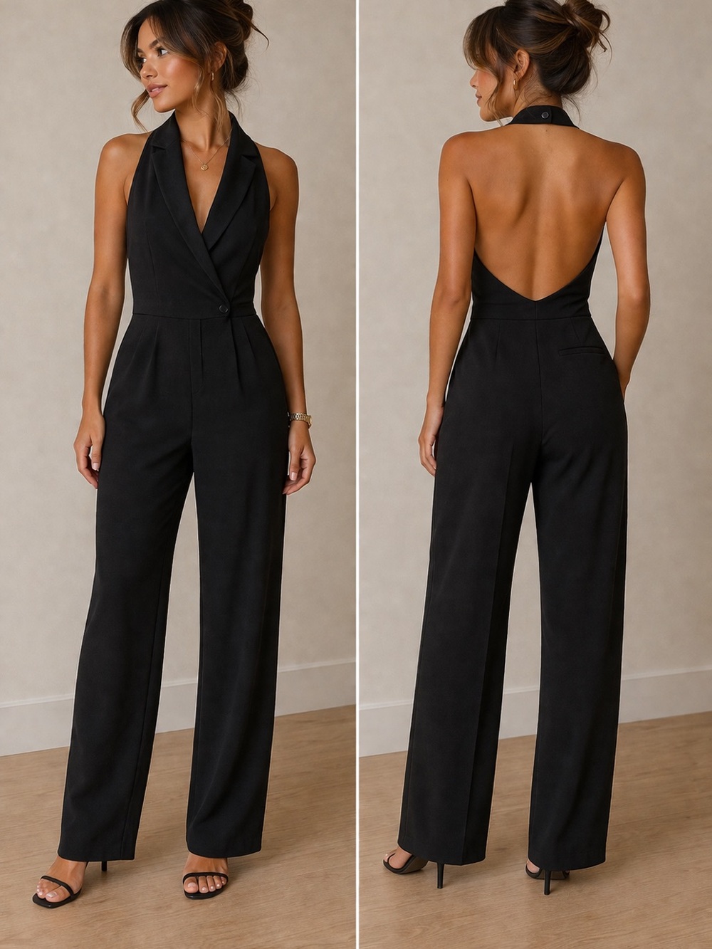 Caribbean Queen Sexy Backless Halter Tuxedo Jumpsuit Black Size Small